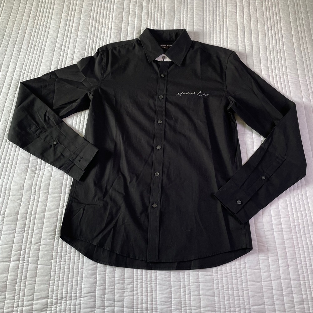Michael Kors Mens Black Long Sleeve Script Logo Button Down Shirt Small S/P